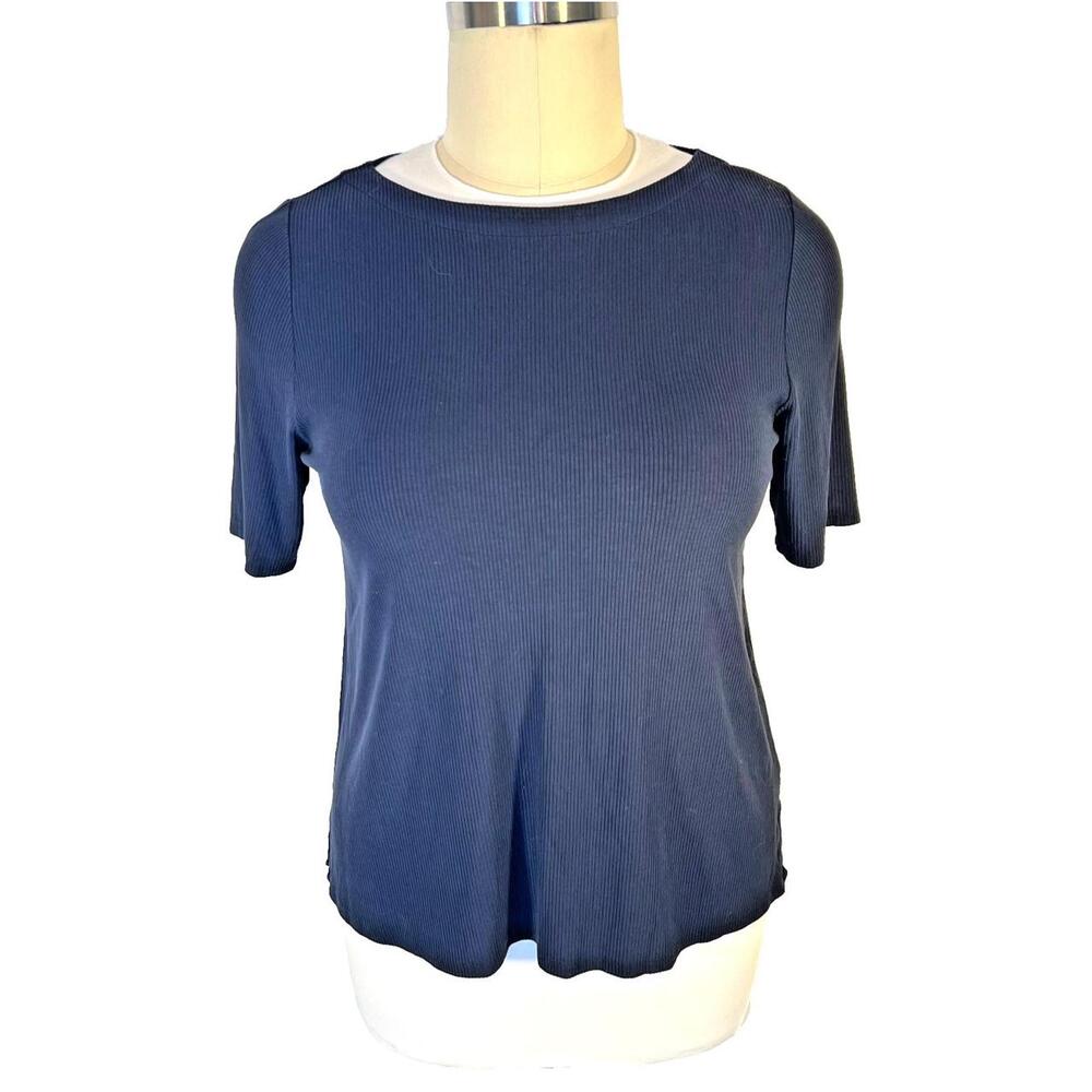 J. Jill Short Sleeve Tee Shirt Women's L Wearever Navy Ribbed Boat Neck